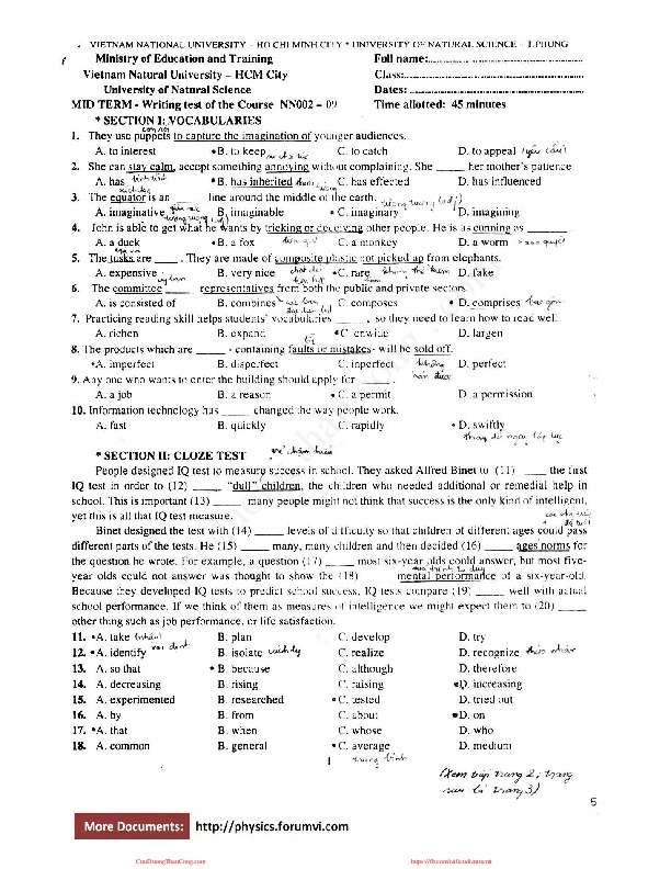 thi giua hoc ki - anh van 2 (khoa 2009).pdf-Thư viện tài liệu, giáo trình, bài giảng, bài tập lớn, đề thi online  môn học Anh Văn 3  ĐH Khoa Học Tự Nhiên HCM