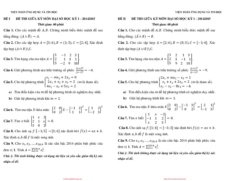 de thi dai so -giua ky 20141 -de 1,2.pdf-Thư viện tài liệu, giáo trình, bài giảng, bài tập lớn, đề thi online  môn học Đại Số  ĐH Bách Khoa HN-0