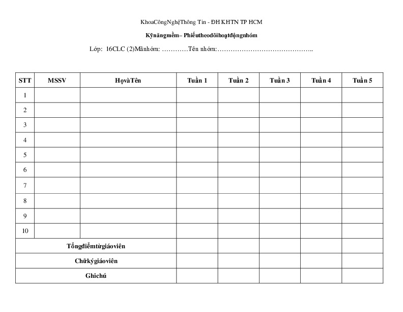 kỹ năng mềm – phiếu theo dõi hoạt động nhóm.pdf-Thư viện tài liệu, giáo trình, bài giảng, bài tập lớn, đề thi online  môn học Kỹ Năng Mềm  tác giả Cao Thị Thùy Liên  ĐH Khoa Học Tự Nhiên HCM